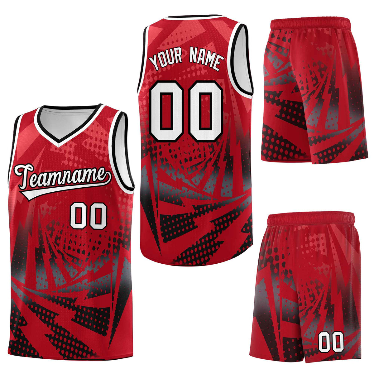 Custom Red Black Lightning Halftone Dot Design Drapable Uniform Basketball Jersey