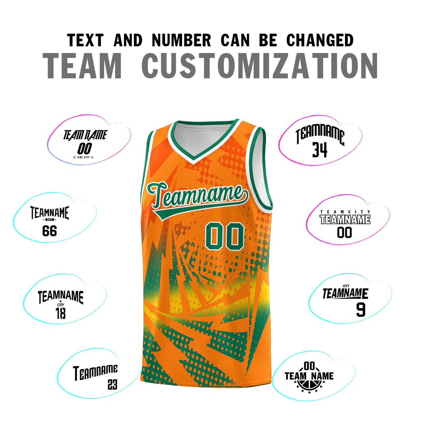 Custom Youth Basketball Jerseys Orange Kelly Green Lightning Design Halftone Personalized Uniforms
