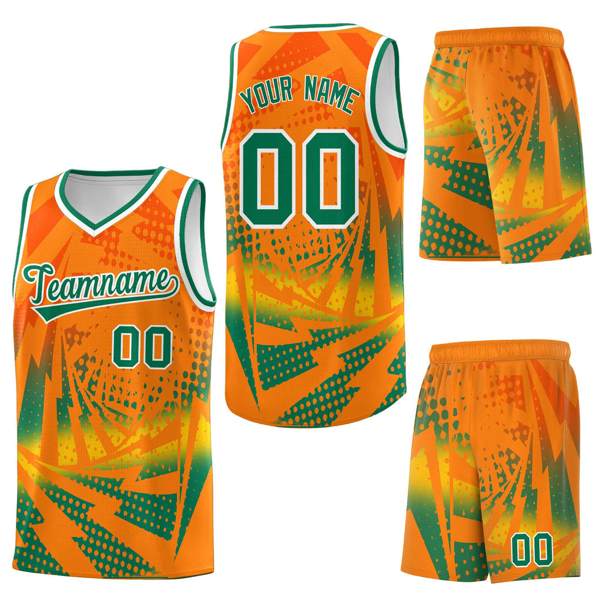 Custom Orange Kelly Green Lightning Halftone Dot Design Breathable Uniform Basketball Jersey