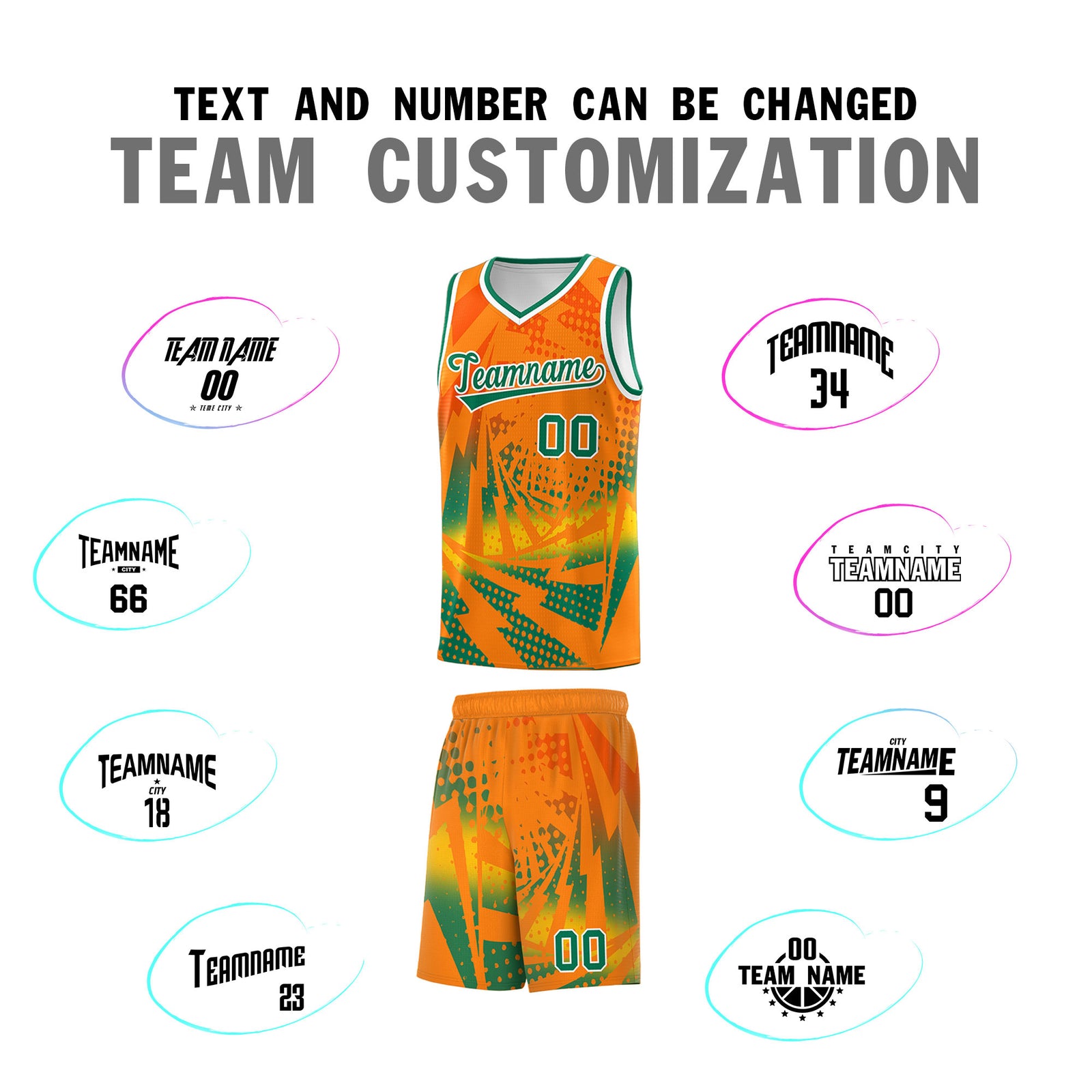 Custom Youth Basketball Jerseys Orange Kelly Green Lightning Design Halftone Personalized Uniforms