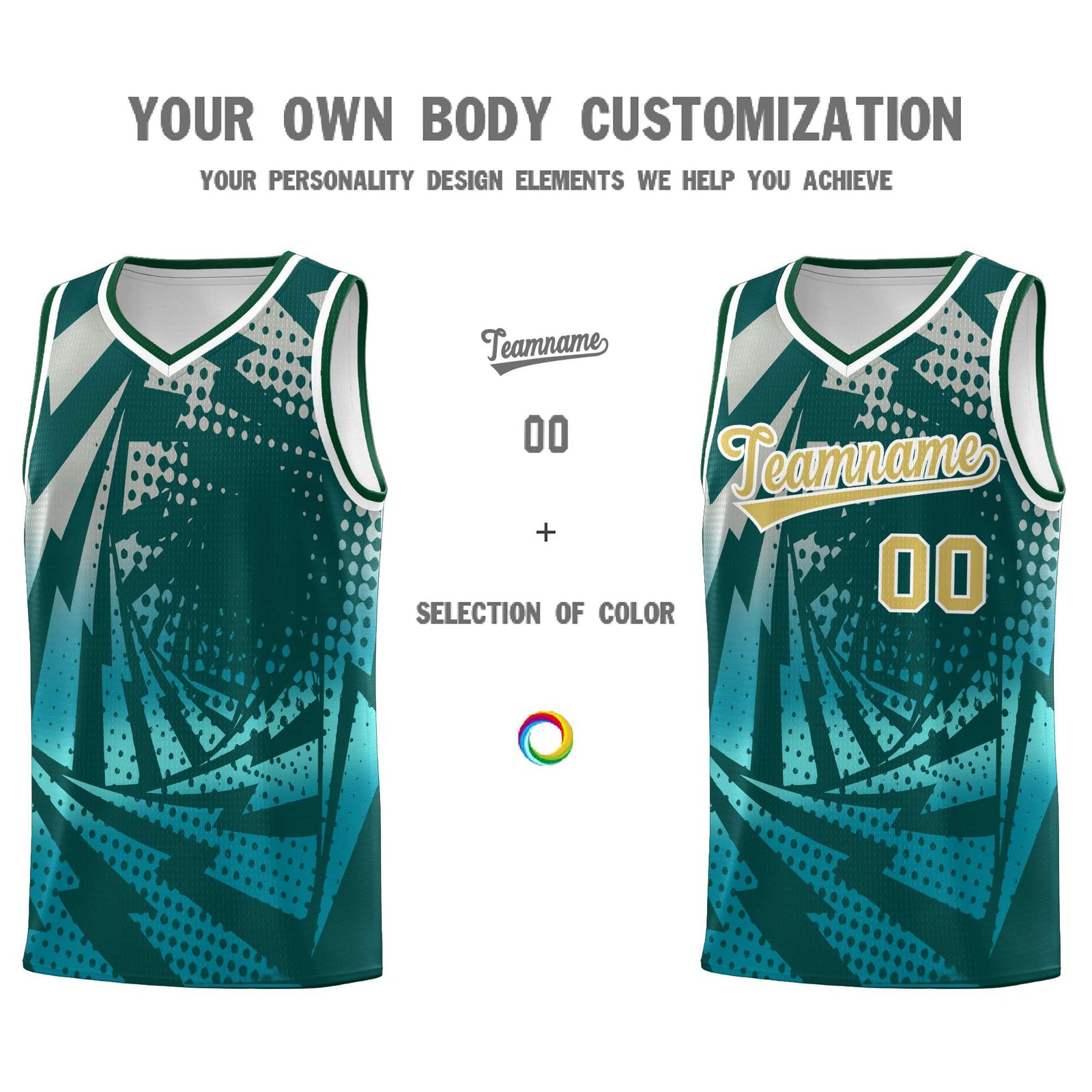 Custom Youth Basketball Jerseys Midnight Green Teal Lightning Halftone Personalized Team Uniforms
