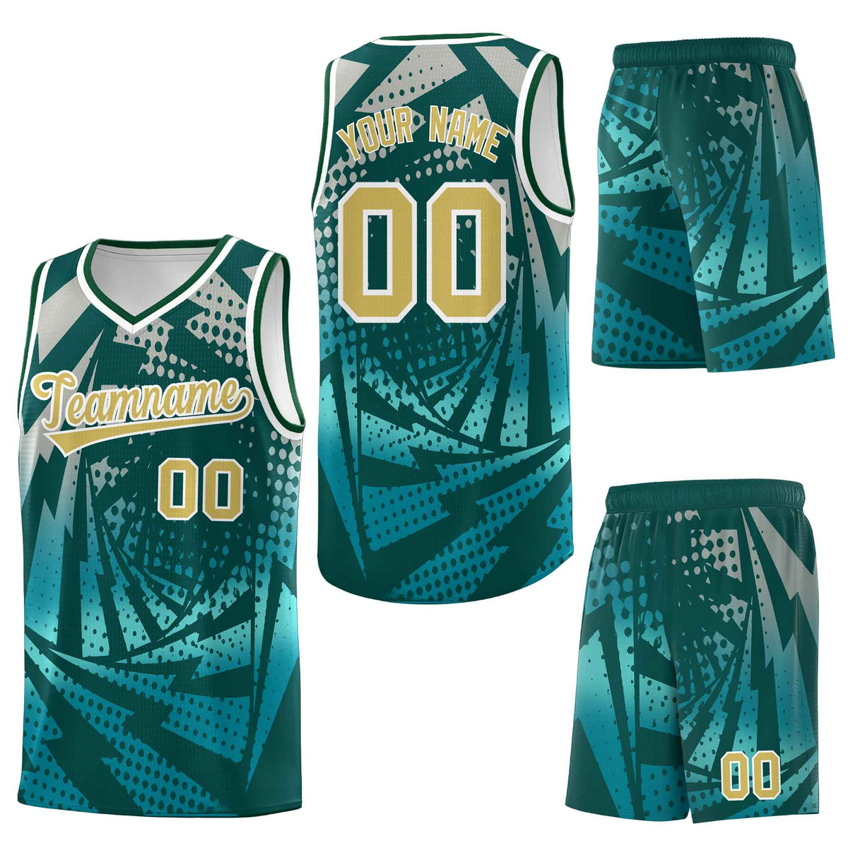 Custom Midnight Green Teal Lightning Halftone Dot Design Wrinkle-Resistant Uniform Basketball Jersey