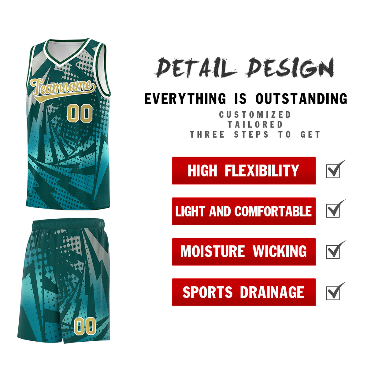 Custom Youth Basketball Jerseys Midnight Green Teal Lightning Halftone Personalized Team Uniforms