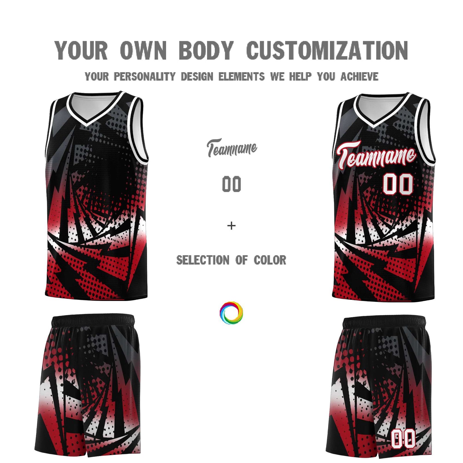 Custom Youth Basketball Jerseys Black Red Lightning Halftone Personalized Team Uniforms