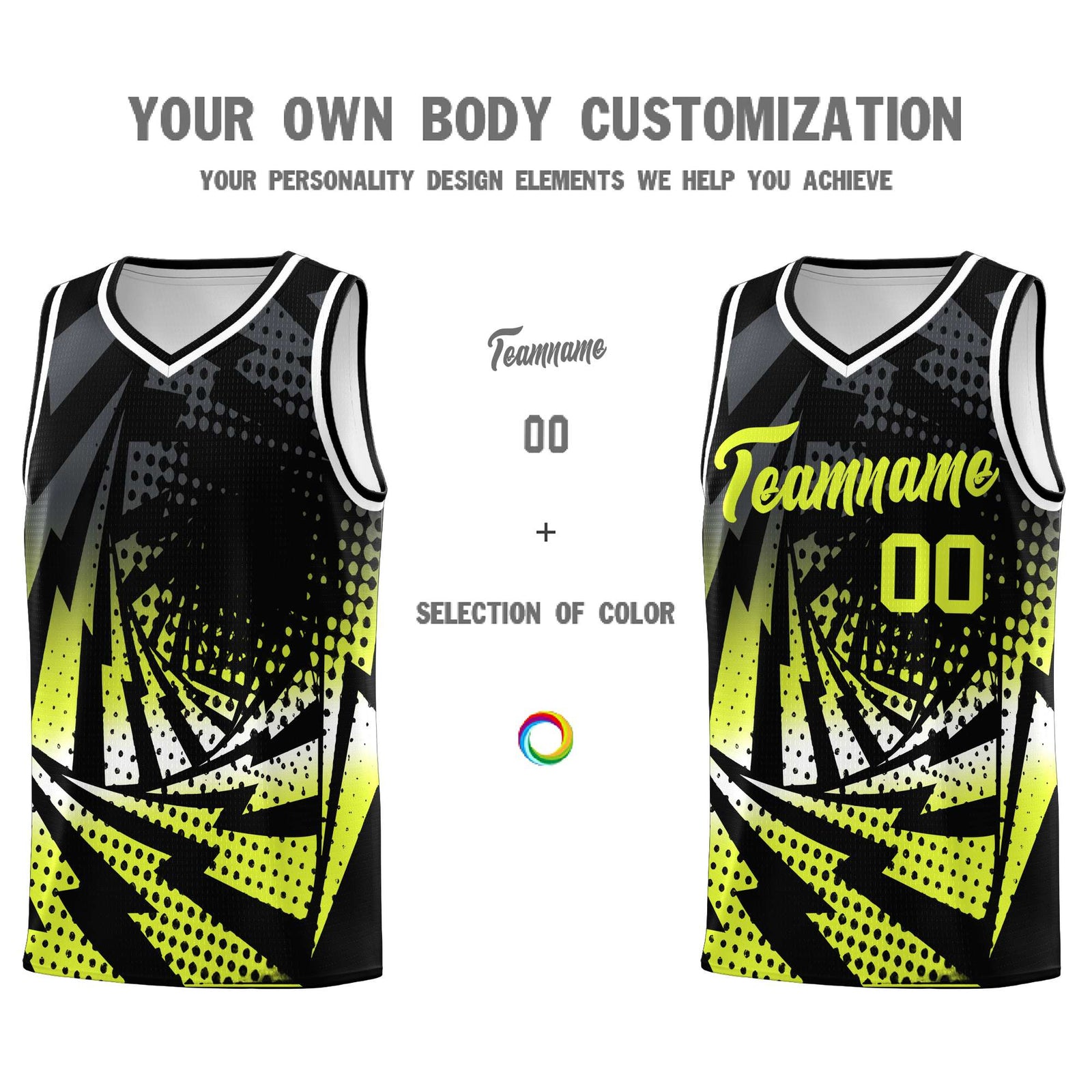 Custom Youth Basketball Jerseys Black Fluorescent Green Lightning Halftone Personalized Team Uniforms