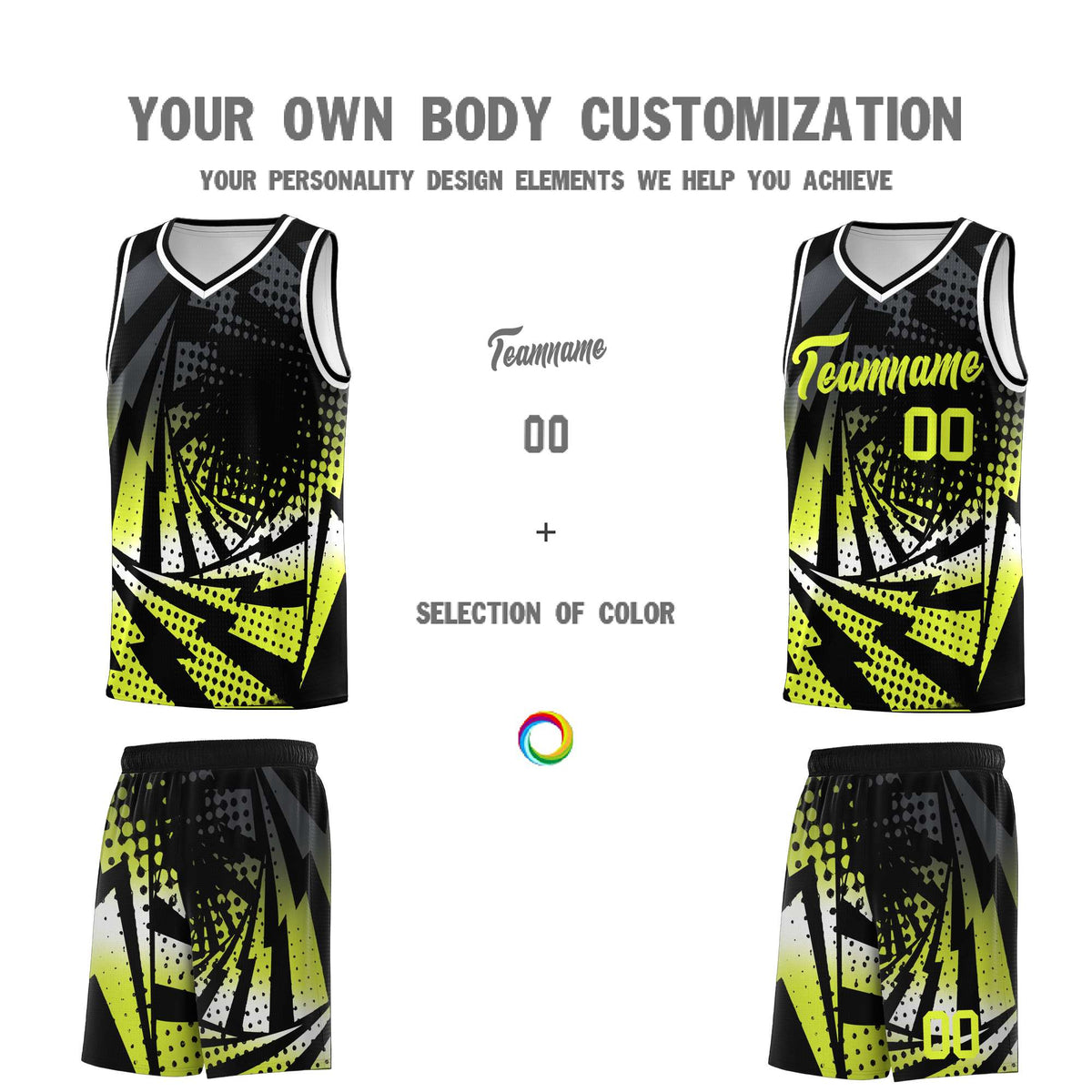 Custom Youth Basketball Jerseys Black Fluorescent Green Lightning Halftone Personalized Team Uniforms