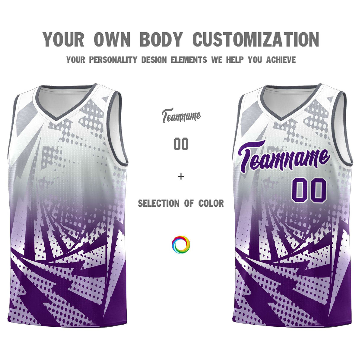 Custom Youth Basketball Jerseys Silver Gray Purple Lightning Design Halftone Personalized Uniforms