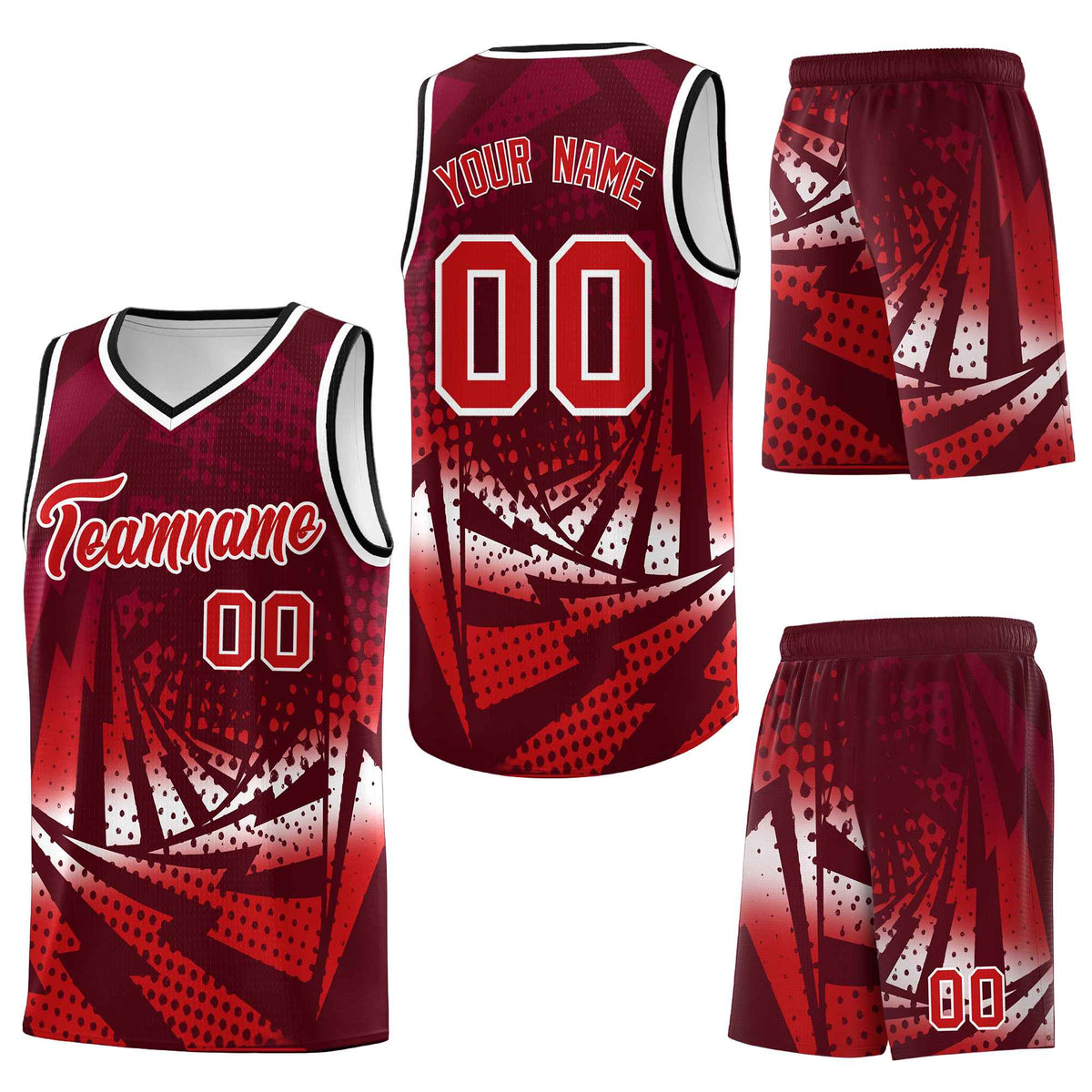 Custom Maroon Red Lightning Halftone Dot Design Drapable Uniform Basketball Jersey