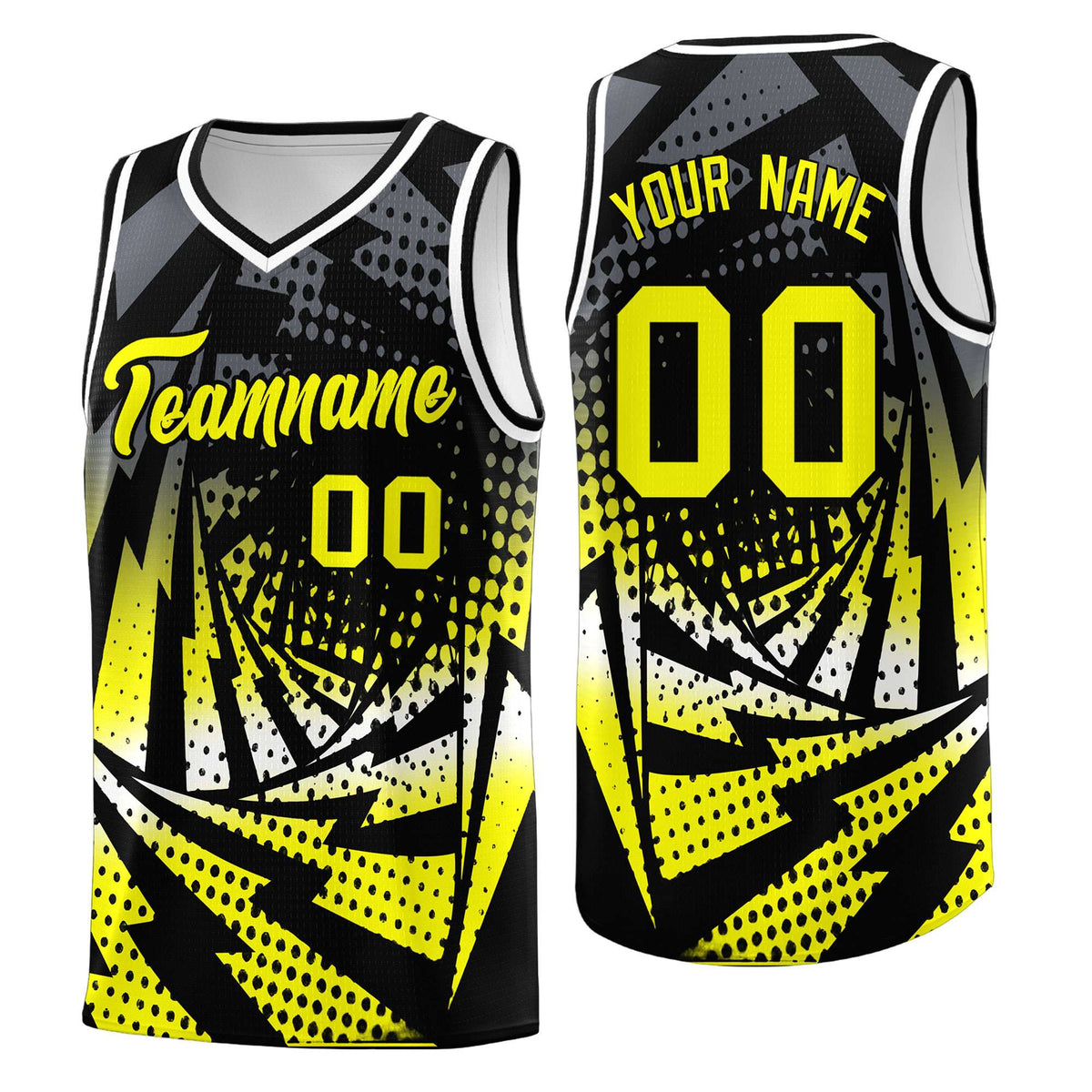 Custom Youth Basketball Jerseys Black Fluorescent Yellow Lightning Design Halftone Personalized Uniforms
