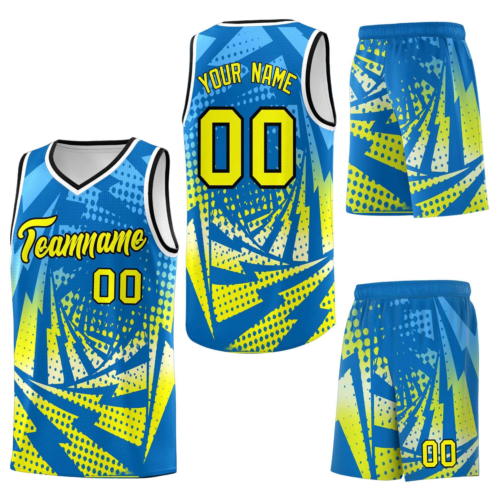 Custom Light Blue Fluorescent Yellow Lightning Halftone Dot Design Lightweight Uniform Basketball Jersey