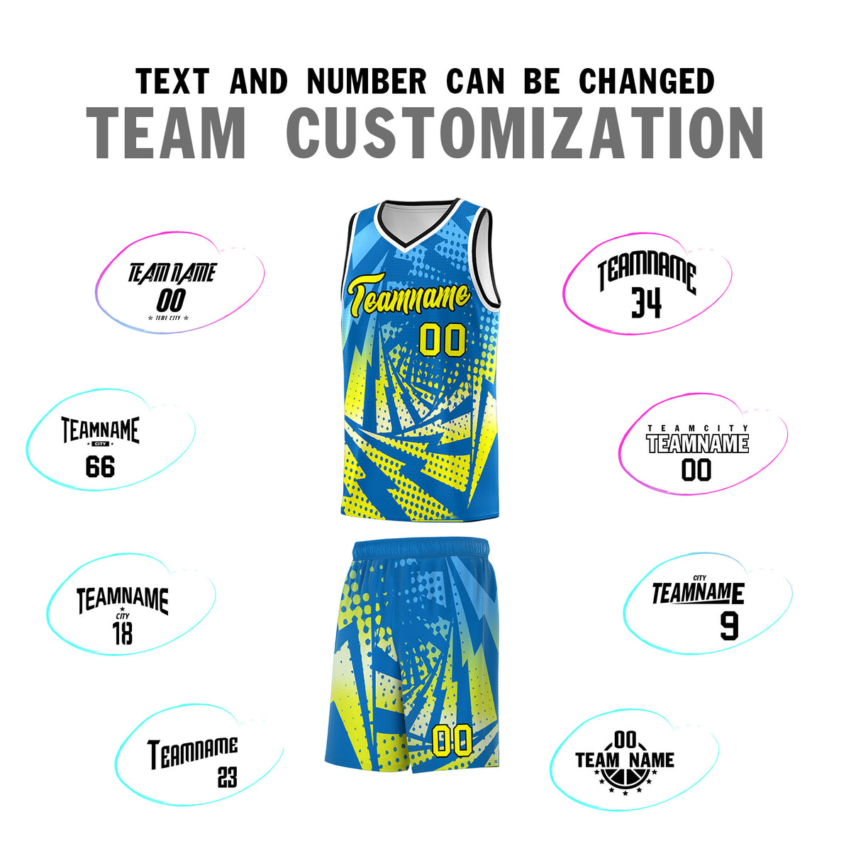 Custom Youth Basketball Jerseys Light Blue Fluorescent Yellow Lightning Design Halftone Personalized Uniforms