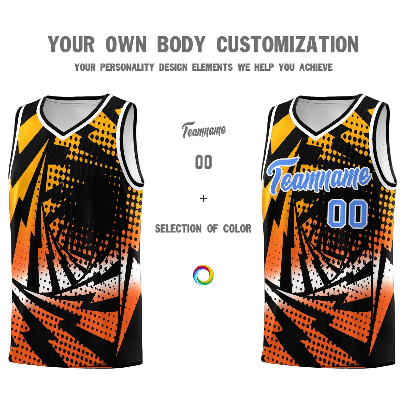 Custom Youth Basketball Jerseys Black Orange Lightning Design Halftone Personalized Uniforms