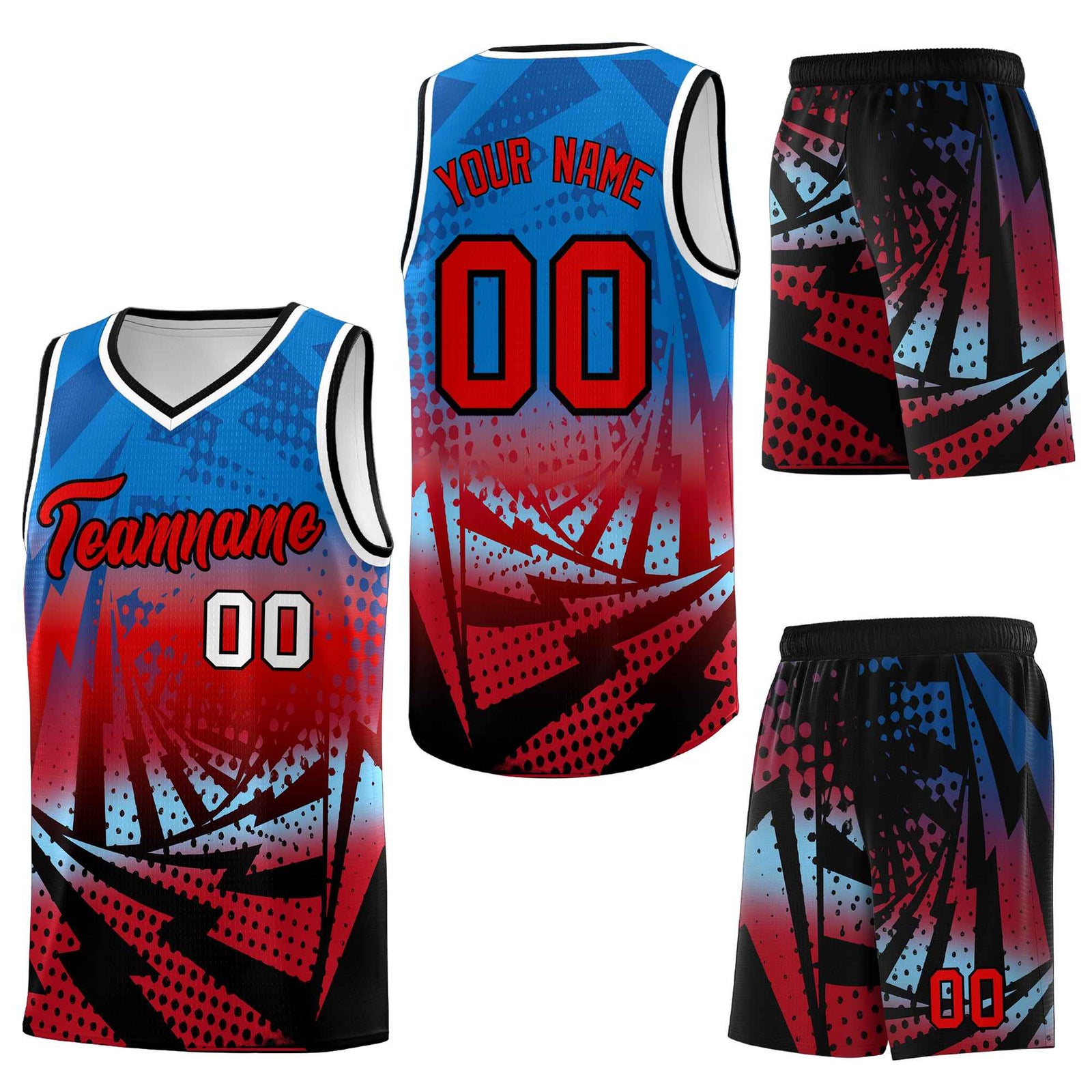 Custom Royal Red Lightning Halftone Dot Design Quick-Drying Uniform Basketball Jersey