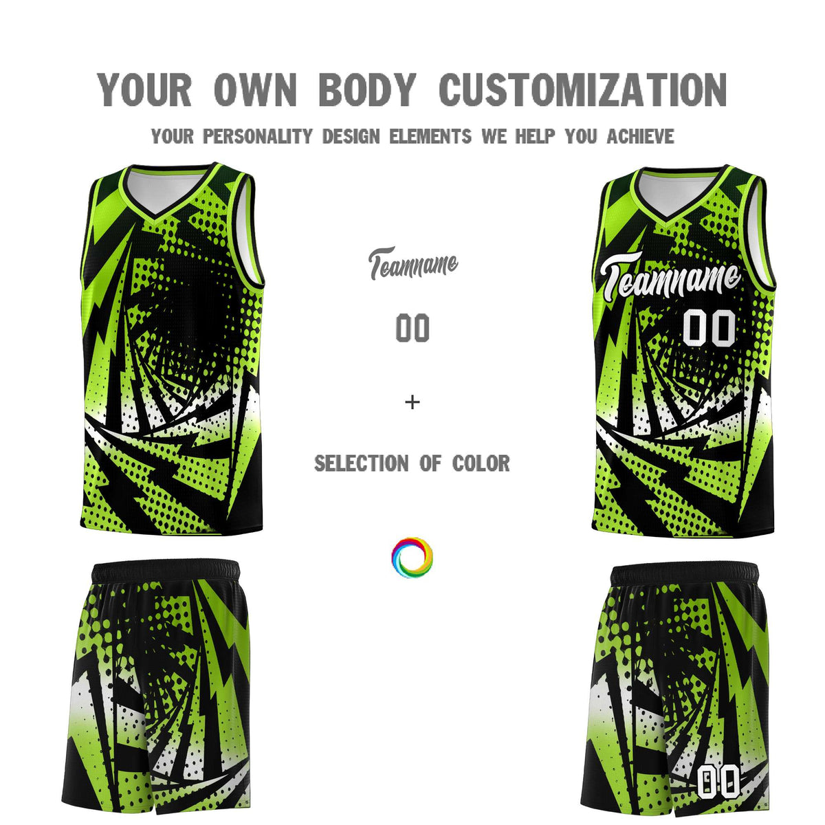 Custom Youth Basketball Jerseys Neon Green Black Lightning Halftone Personalized Team Uniforms