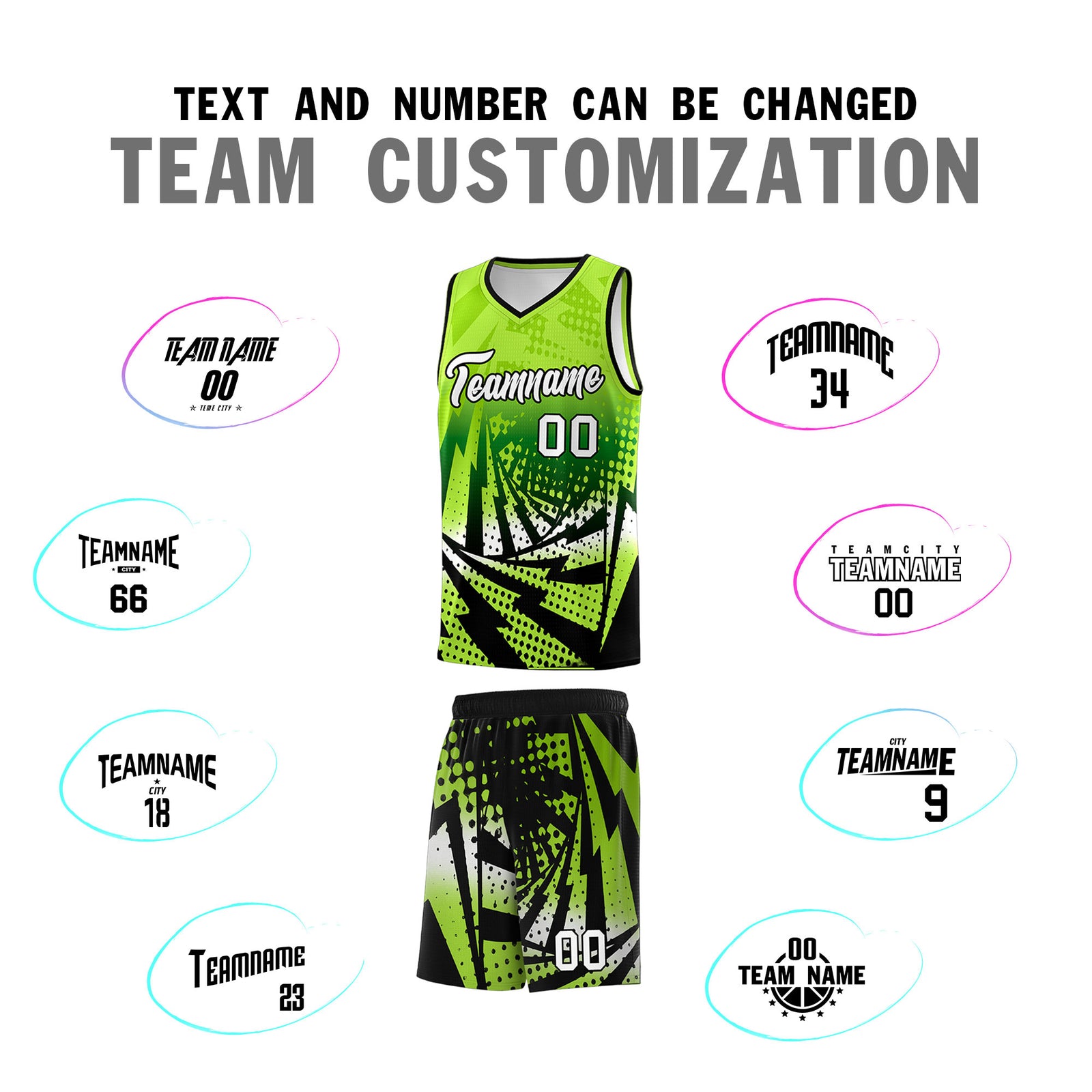 Custom Youth Basketball Jerseys Neon Green Black Lightning Halftone Personalized Team Uniforms