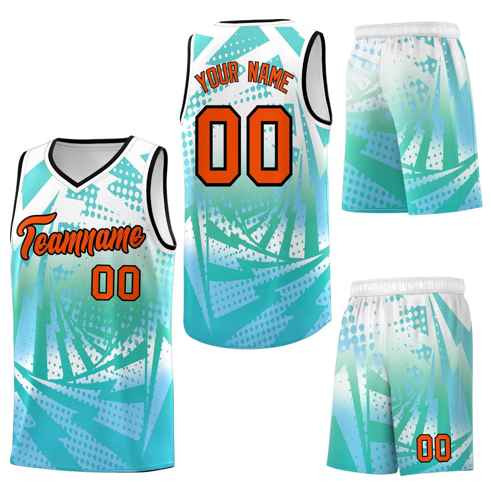 Custom White Light Blue Lightning Halftone Dot Design Drapable Uniform Basketball Jersey