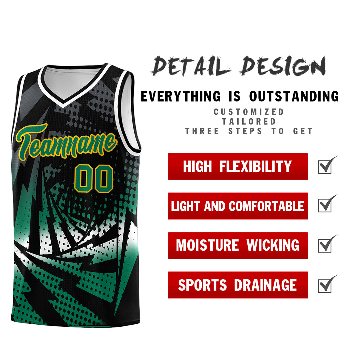 Custom Youth Basketball Jerseys Black Kelly Green Lightning Design Halftone Personalized Uniforms