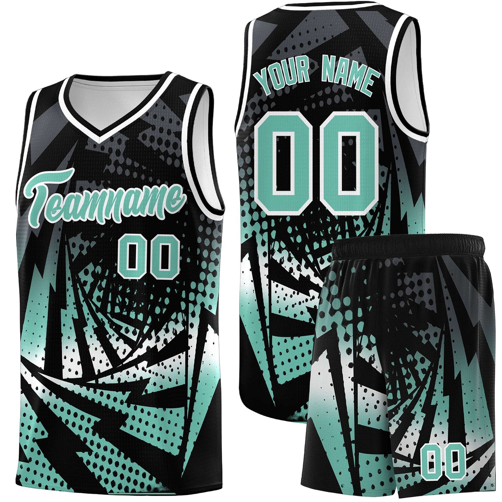 Custom Youth Basketball Jerseys Black Bright Green Lightning Halftone Personalized Team Uniforms