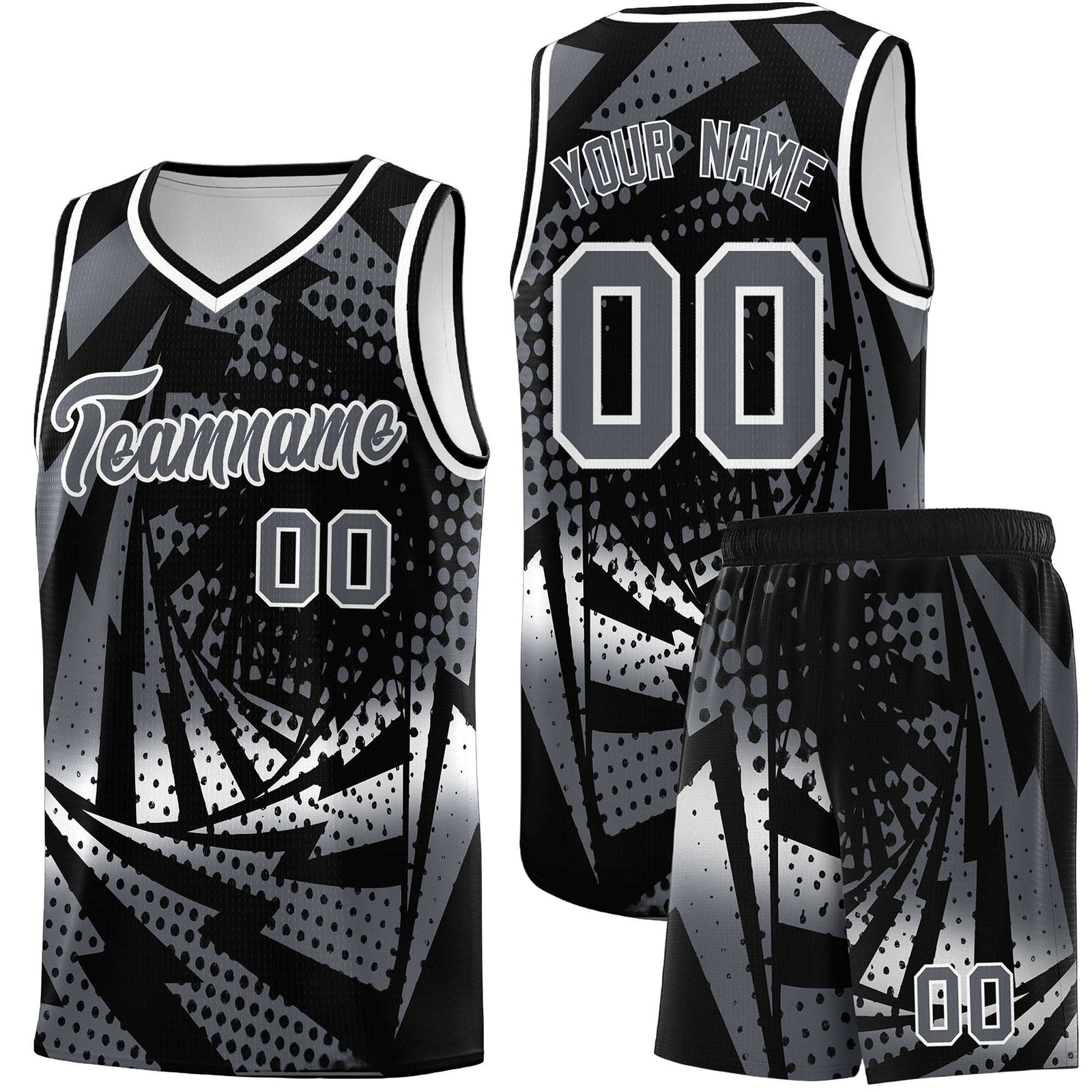 Custom Youth Basketball Jerseys Black Dark Gray Lightning Design Halftone Personalized Uniforms
