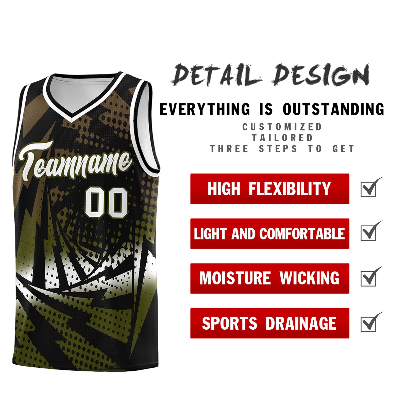 Custom Youth Basketball Jerseys Black Olive Lightning Design Halftone Personalized Uniforms