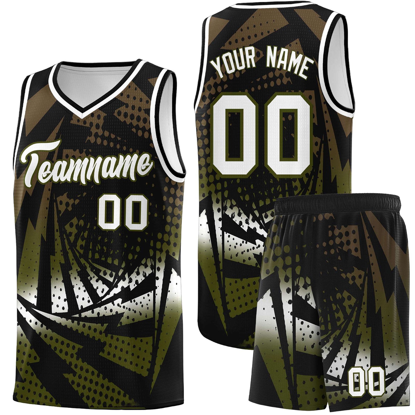 Custom Youth Basketball Jerseys Black Olive Lightning Design Halftone Personalized Uniforms