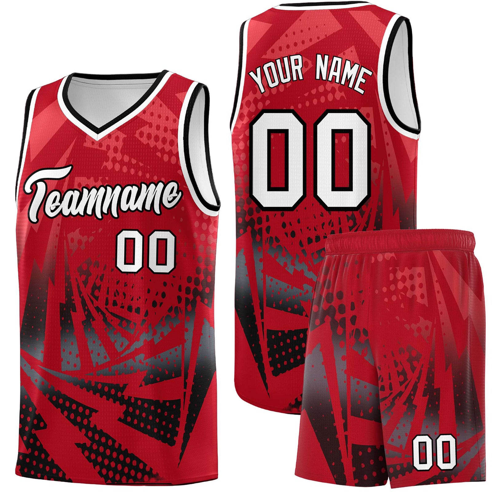 Custom Youth Basketball Jerseys Red Black Lightning Halftone Personalized Team Uniforms
