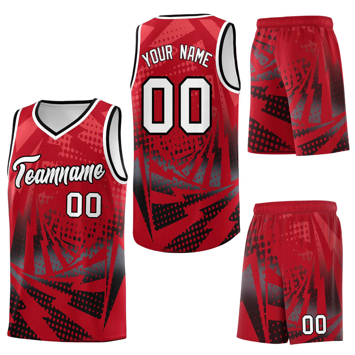 Custom Red Black Lightning Halftone Dot Design Drapable Uniform Basketball Jersey