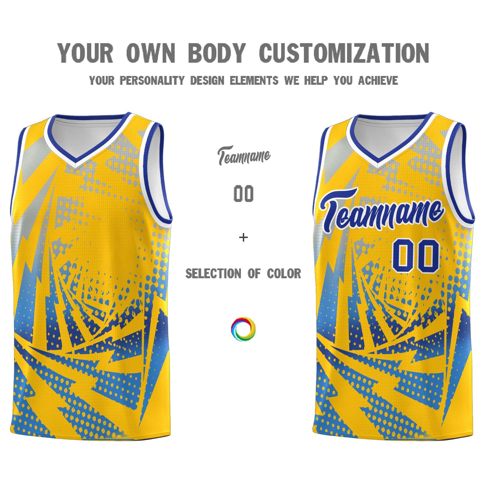 Custom Youth Basketball Jerseys Gold Powder Blue Lightning Halftone Personalized Team Uniforms