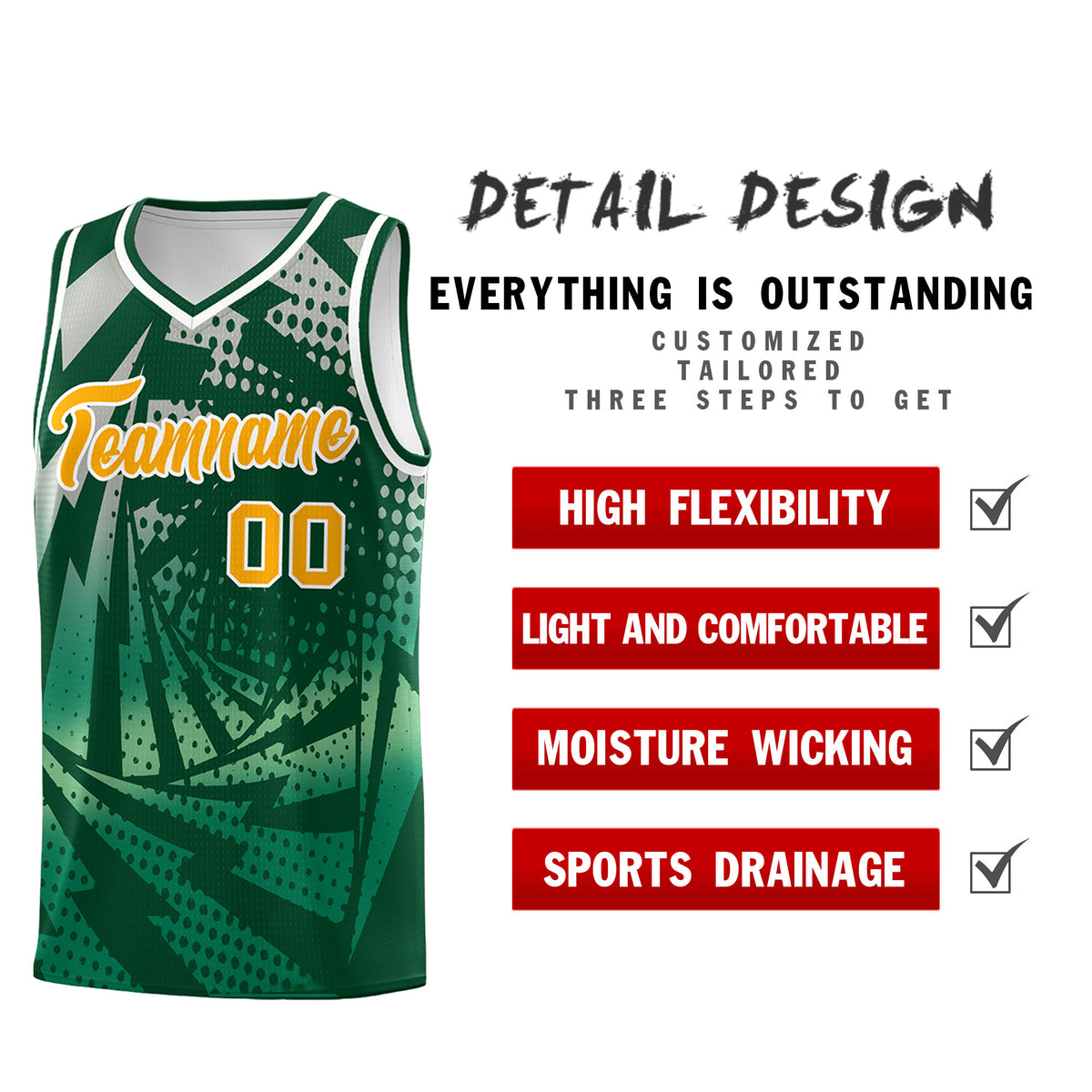 Custom Youth Basketball Jerseys Green Kelly Green Lightning Design Halftone Personalized Uniforms