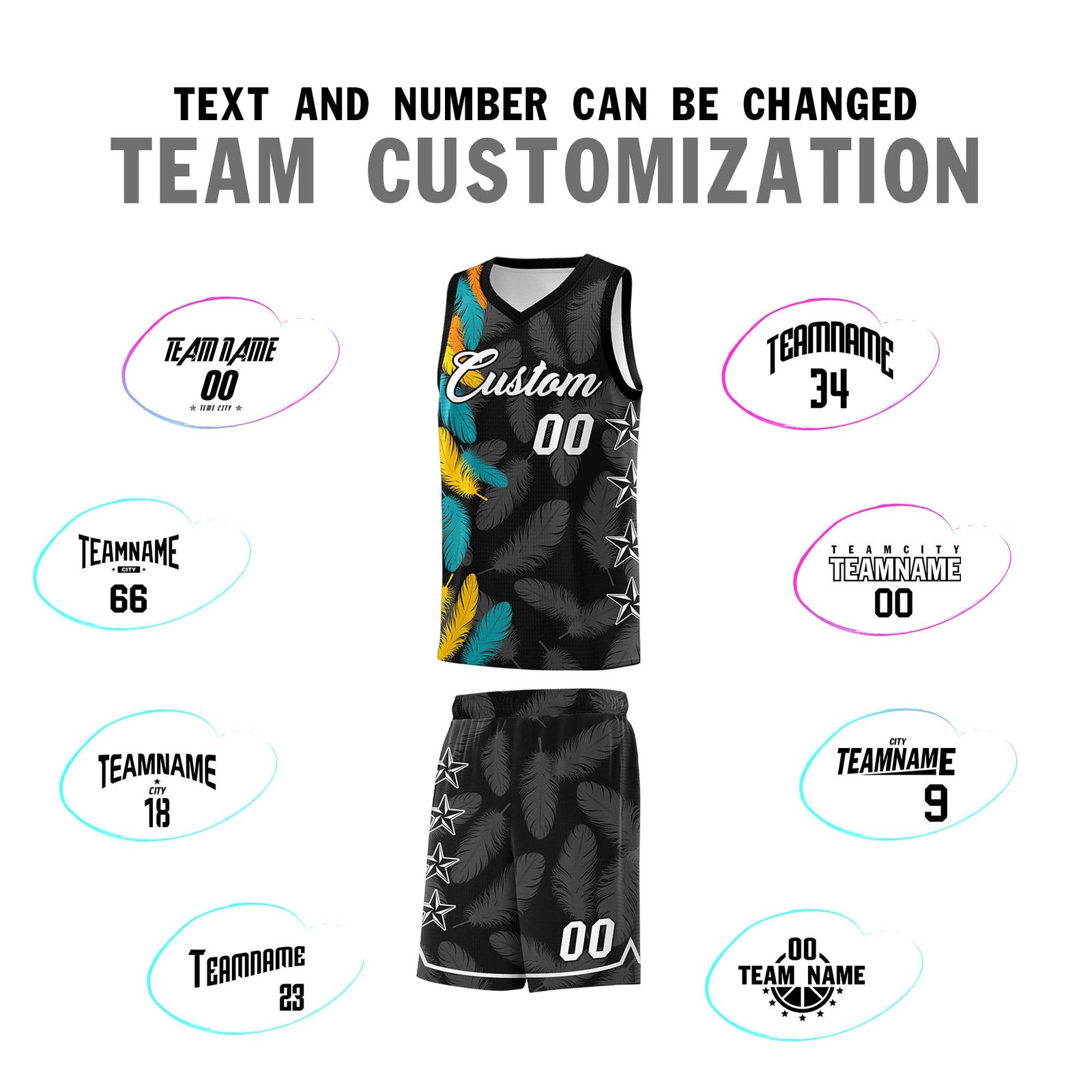 Custom Youth Basketball Jersey Black White Feather Series Sports Uniform