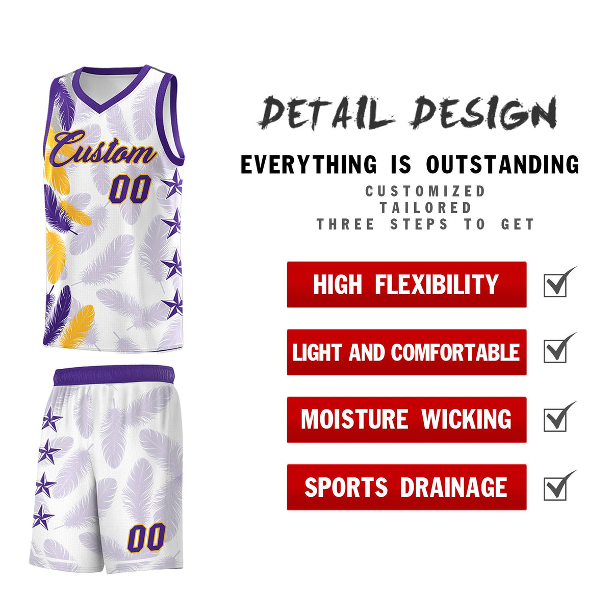 Custom Youth Basketball Jersey White Purple Feather Series Sports Uniform