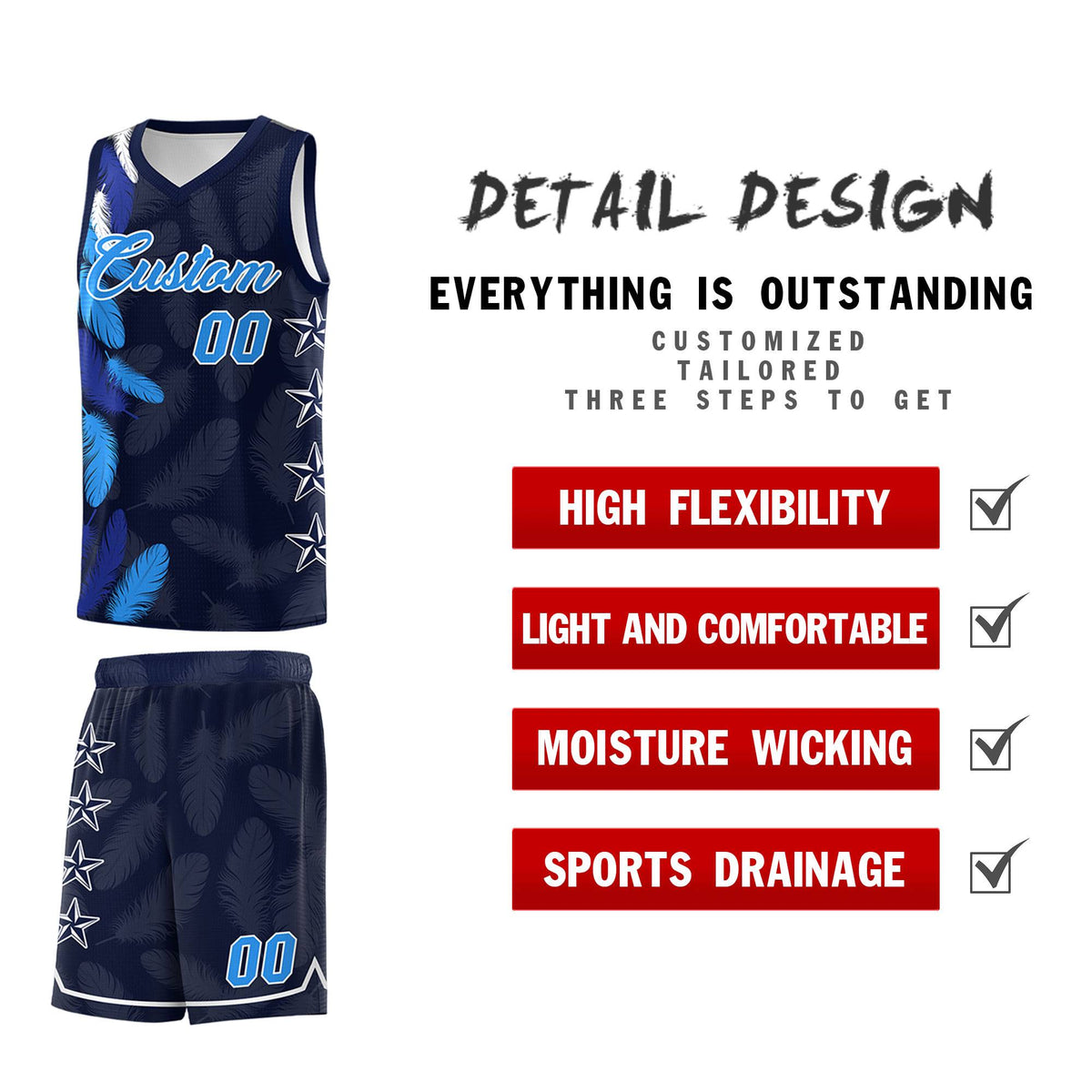 Custom Youth Basketball Jersey Navy Powder Blue Feather Series Sports Uniform