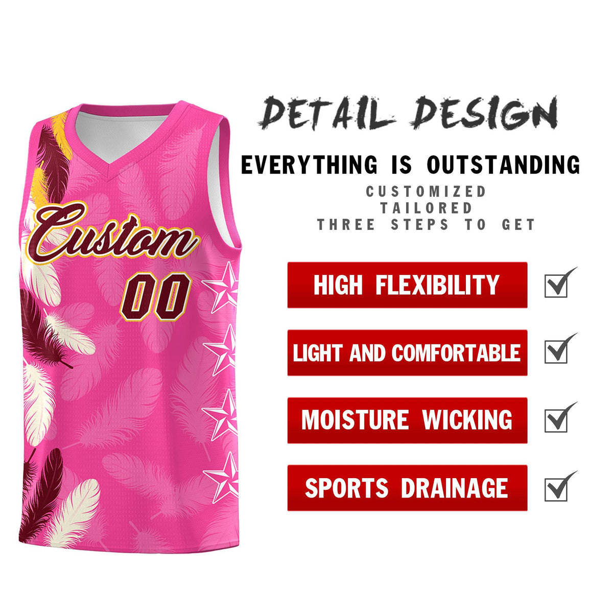 Custom Youth Basketball Jersey Pink Crimson Feather Series Sports Uniform