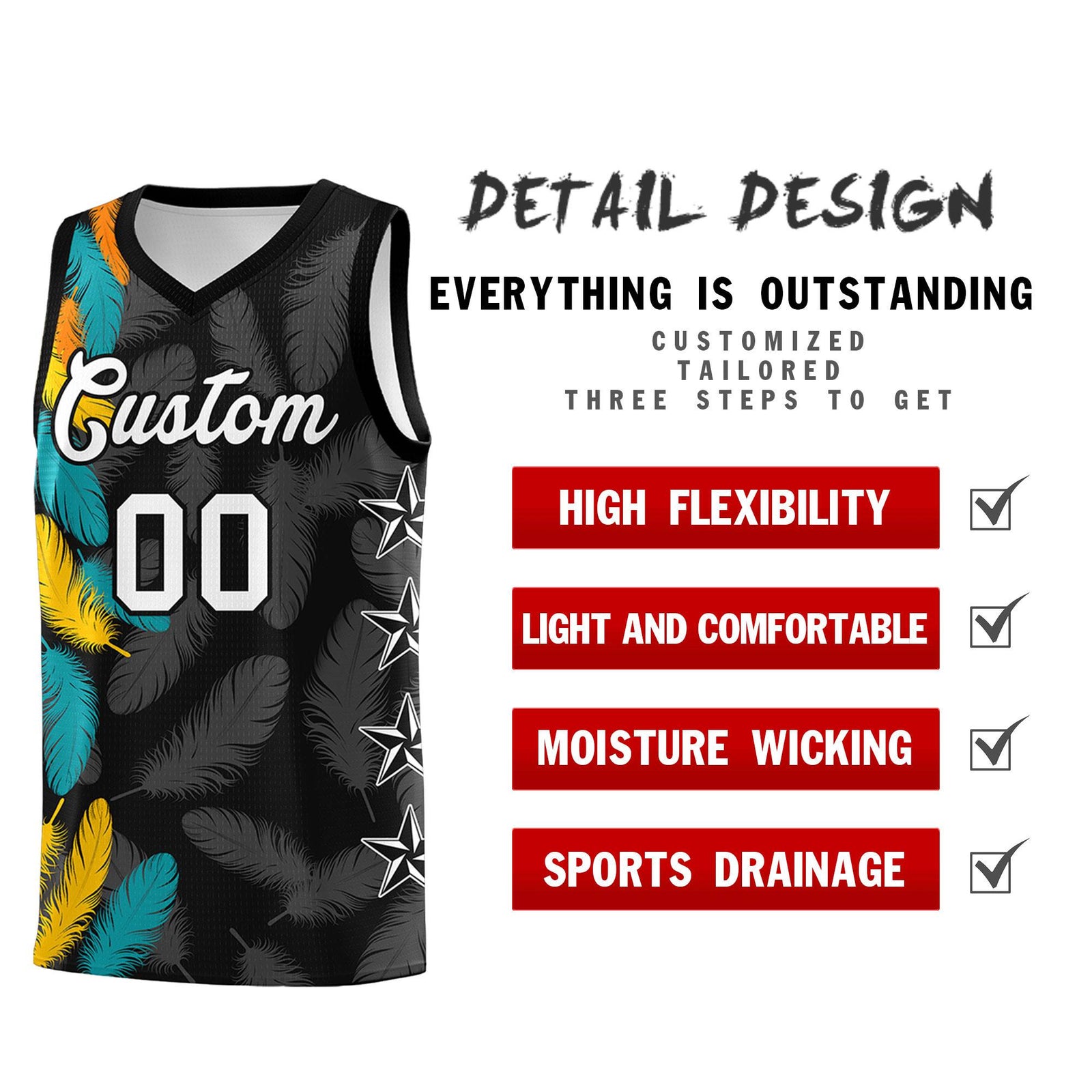 Custom Youth Basketball Jersey Black White Feather Series Sports Uniform