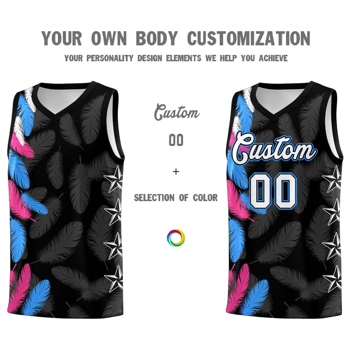 Custom Youth Basketball Jersey Black White Feather Series Sports Uniform