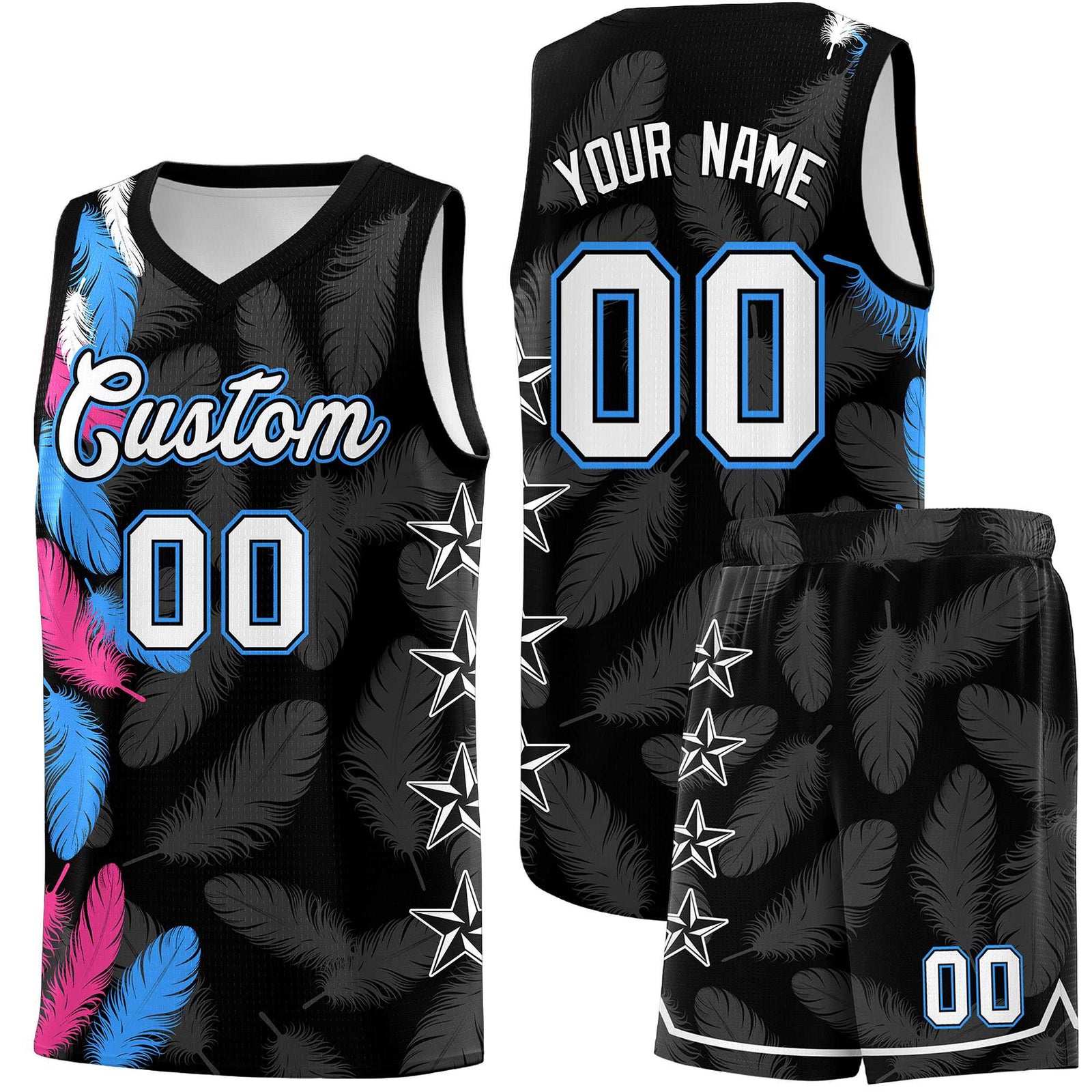 Custom Youth Basketball Jersey Black White Feather Series Sports Uniform
