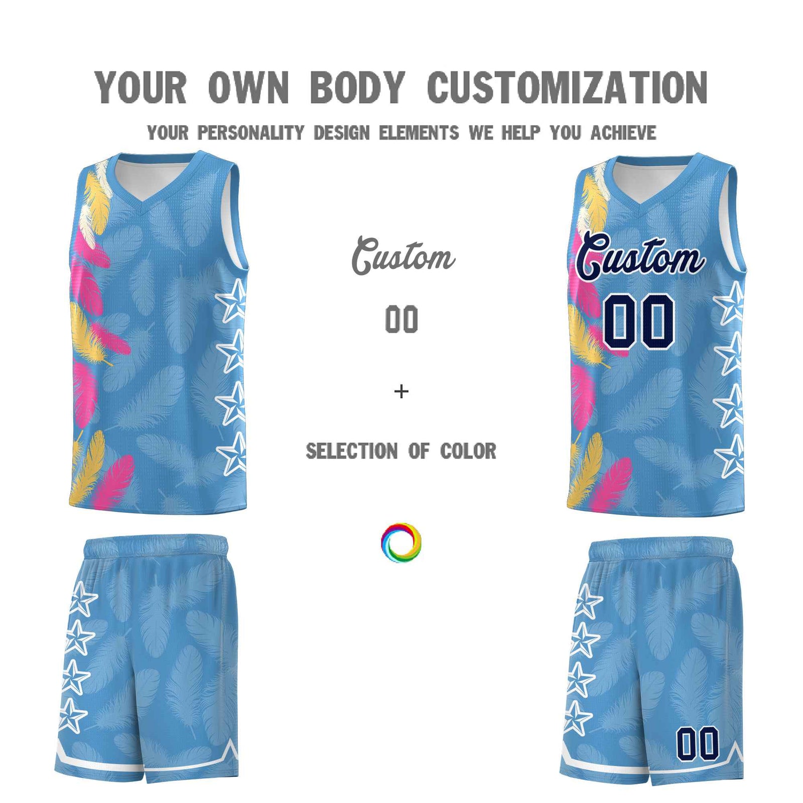 Custom Youth Basketball Jersey Light Blue Navy Feather Series Sports Uniform