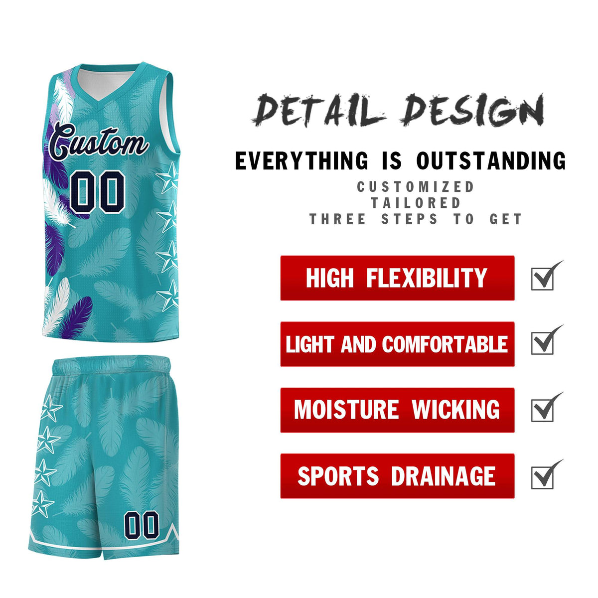 Custom Youth Basketball Jersey Aqua Navy Feather Series Sports Uniform