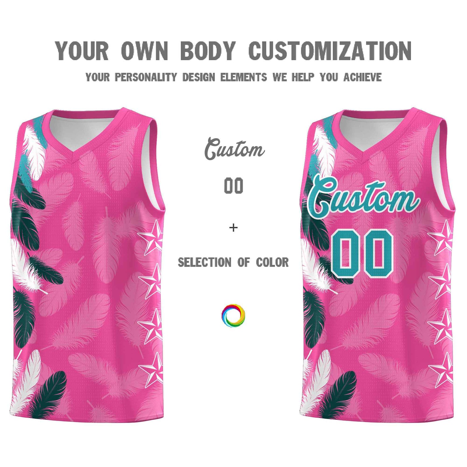 Custom Youth Basketball Jersey Pink Aqua Feather Series Sports Uniform
