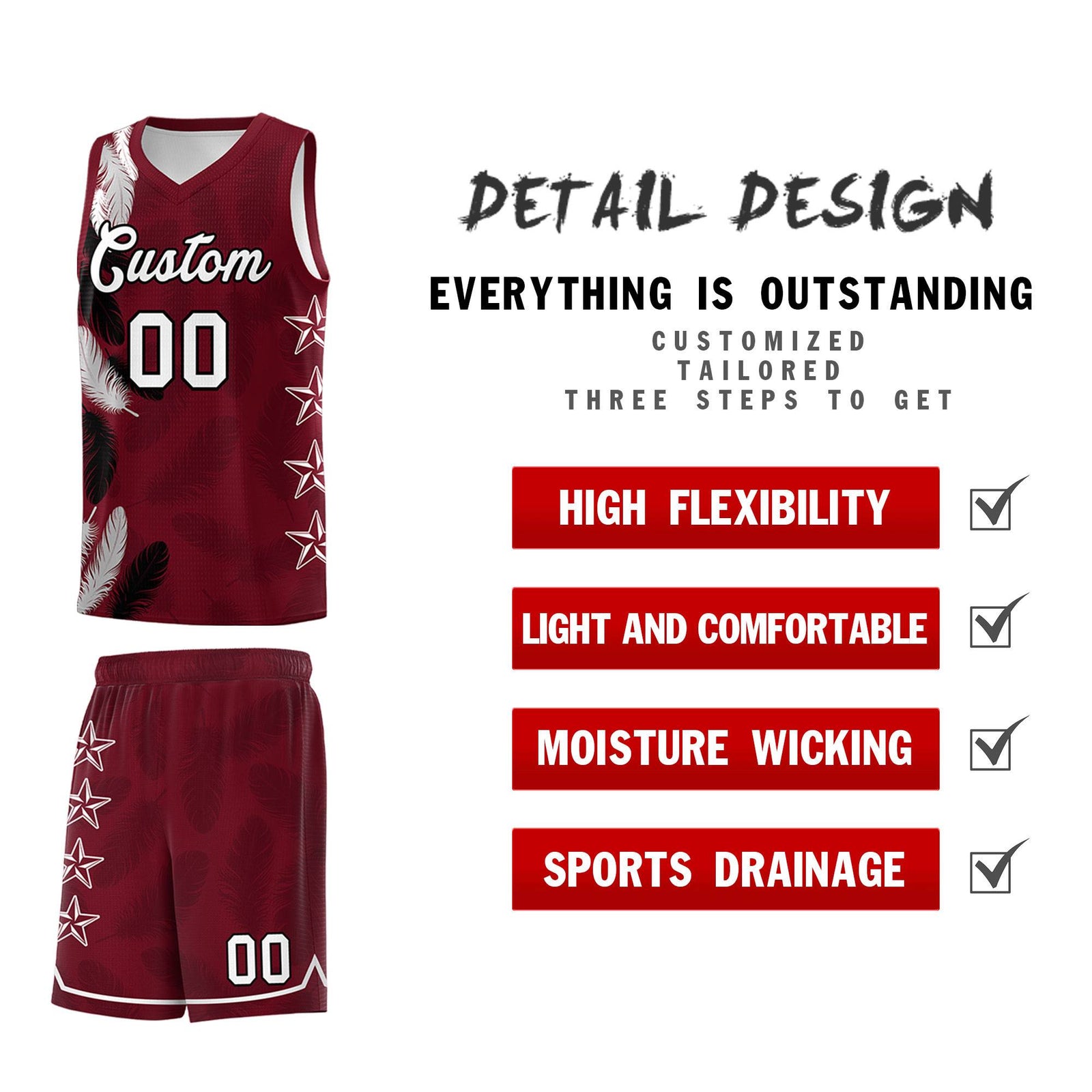 Custom Youth Basketball Jersey Maroon White Feather Series Sports Uniform