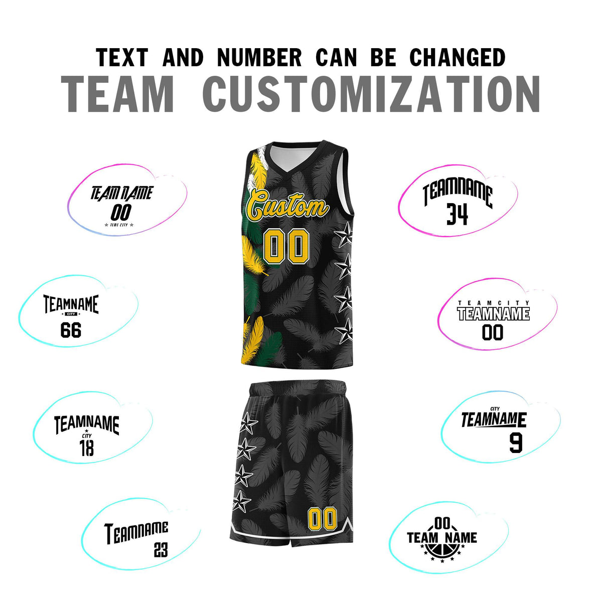 Custom Youth Basketball Jersey Black Gold Feather Series Sports Uniform