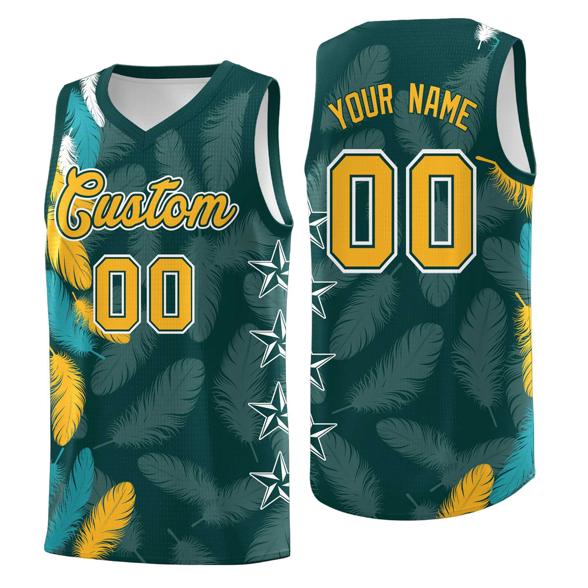 Custom Youth Basketball Jersey Midnight Green Gold Feather Series Sports Uniform