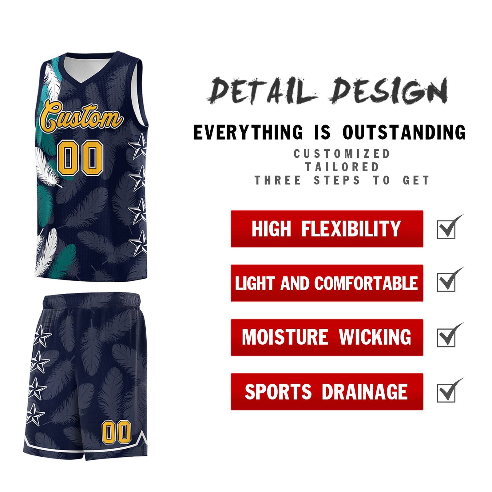 Custom Youth Basketball Jersey Navy Gold Feather Series Sports Uniform