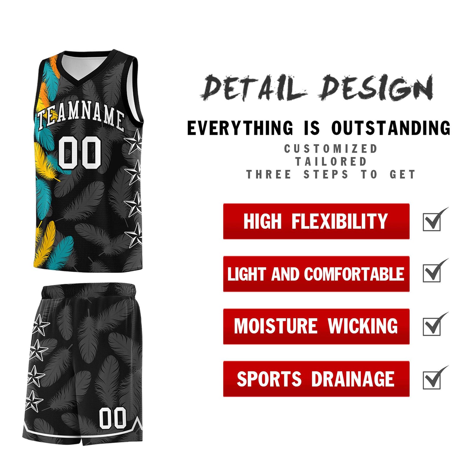 Custom Youth Basketball Jersey Black White Feather Series Sports Uniform