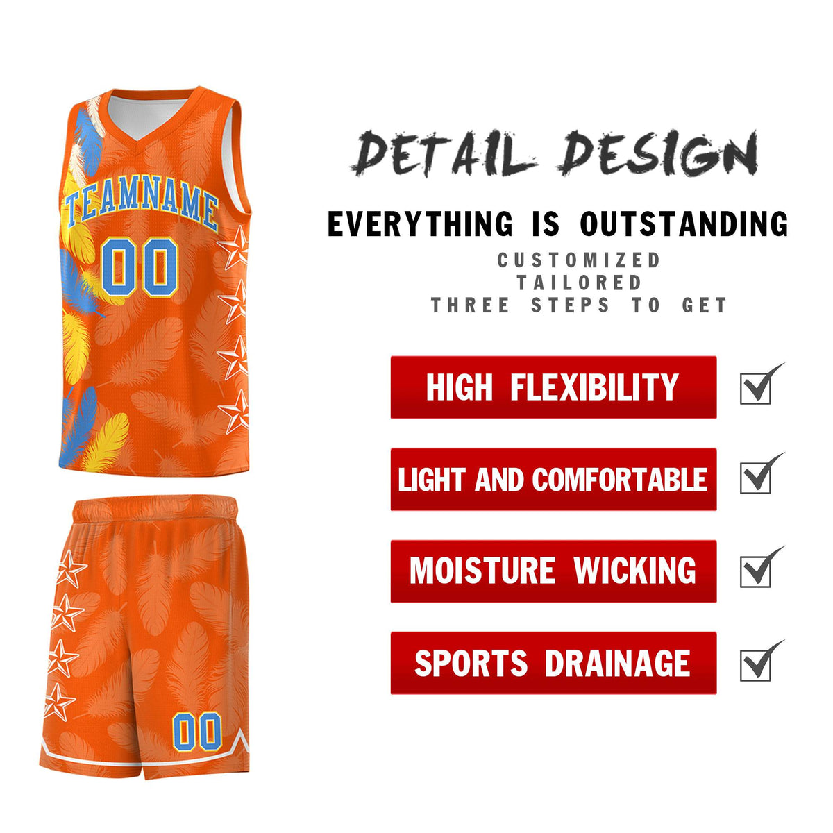 Custom Youth Basketball Jersey Orange Powder Blue Feather Series Sports Uniform
