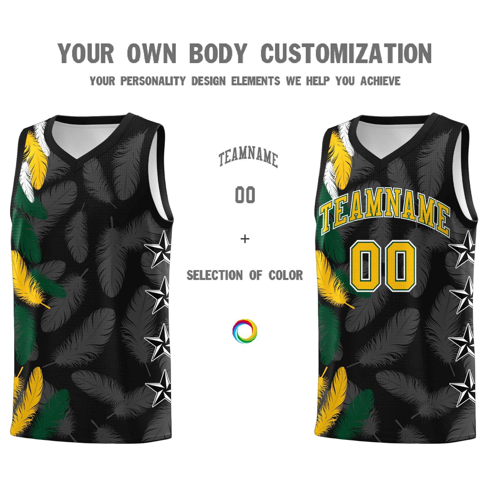 Custom Youth Basketball Jersey Black Gold Feather Series Sports Uniform