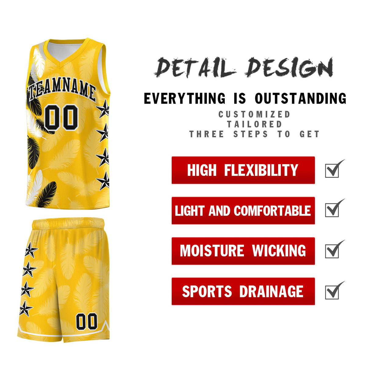 Custom Youth Basketball Jersey Gold Black Feather Series Sports Uniform