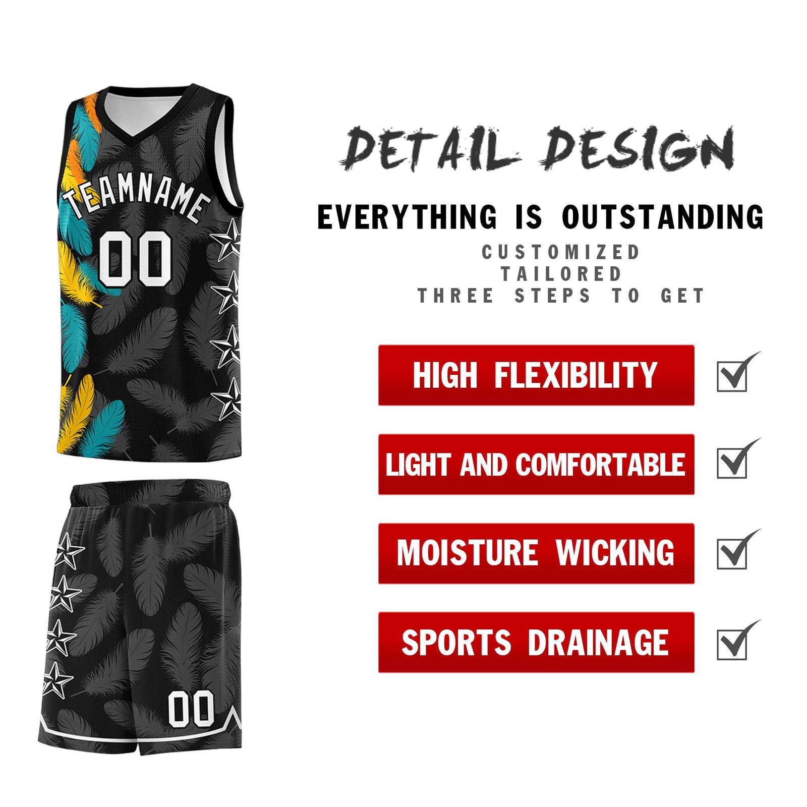 Custom Youth Basketball Jersey Black White Feather Series Sports Uniform