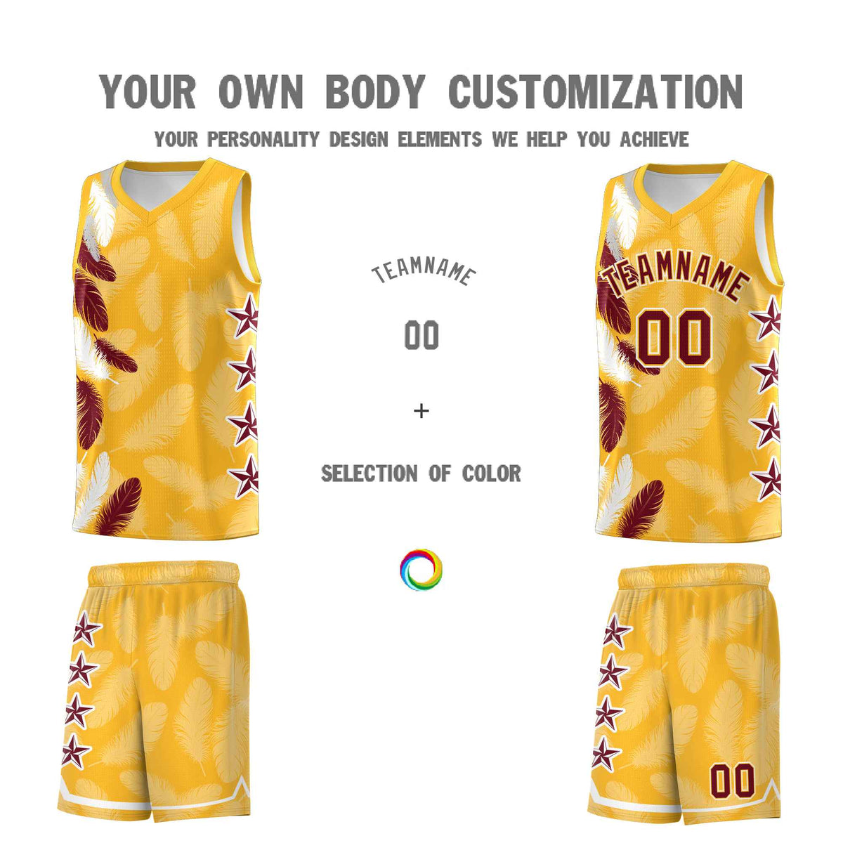 Custom Youth Basketball Jersey Gold Crimson Feather Series Sports Uniform