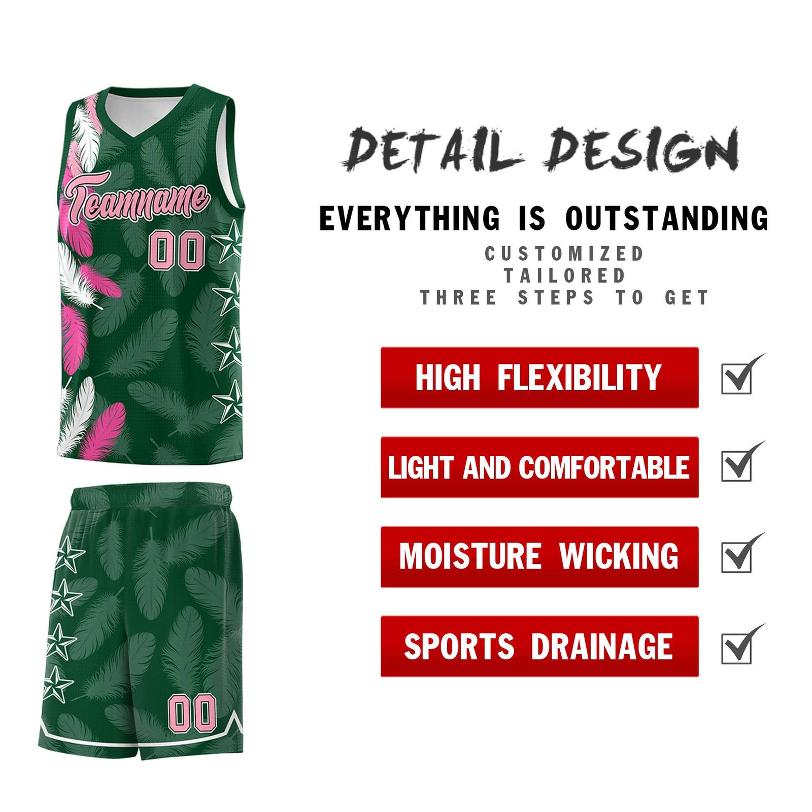 Custom Youth Basketball Jersey Green Light Pink Feather Series Sports Uniform